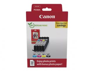 Canon CLI-581 C/M/Y/BK Photo Value Pack - 4-pack - 5.6 ml - black, yellow, cyan, magenta - original - box - ink tank / paper kit - for PIXMA TS6251, TS6350, TS6351, TS705, TS8252, TS8350, TS8351, TS8352, TS9550, TS9551