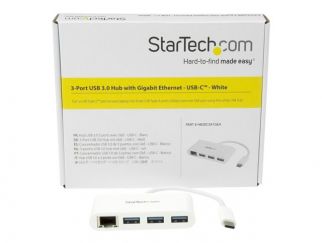 StarTech.com 3 Port USB C Hub w/ Gigabit Ethernet ? USB Type C to 3 x USB-A ? Multi Port USB 3.0 Hub for MacBook Pro (HB30C3A1GEA) - Hub - 3 x SuperSpeed USB 3.0 + 1 x 10/100/1000