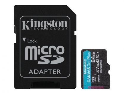 Kingston Canvas Go! Plus - Flash memory card (microSDXC to SD adapter included) - 64 GB - A2 / Video Class V30 / UHS-I U3 / Class10 - microSDXC UHS-I