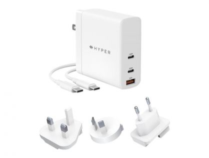 HyperJuice - Power adapter - GaN technology - 140 Watt - Power Delivery 3.1, QC 3.0 - 3 output connectors (USB, 2 x USB-C) - white