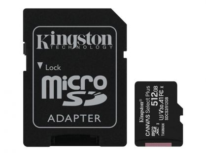 Kingston Canvas Select Plus - Flash memory card (microSDXC to SD adapter included) - 512 GB - A1 / Video Class V30 / UHS Class 3 / Class10 - microSDXC UHS-I