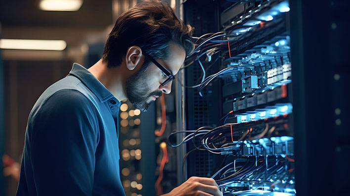 A man working in an ICT server room