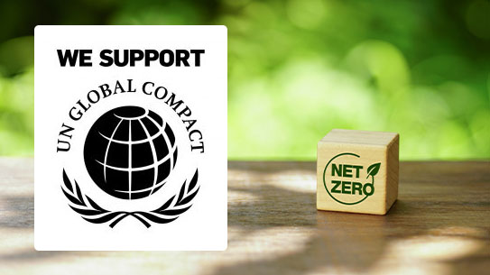 Photo of a cardboard box with the wording Net Zero printed on, and the UN Global Compact logo next to it