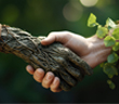 A human shaking hands with a representation of nature