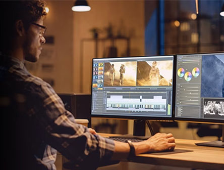 Image of a man performing video editing on a computer